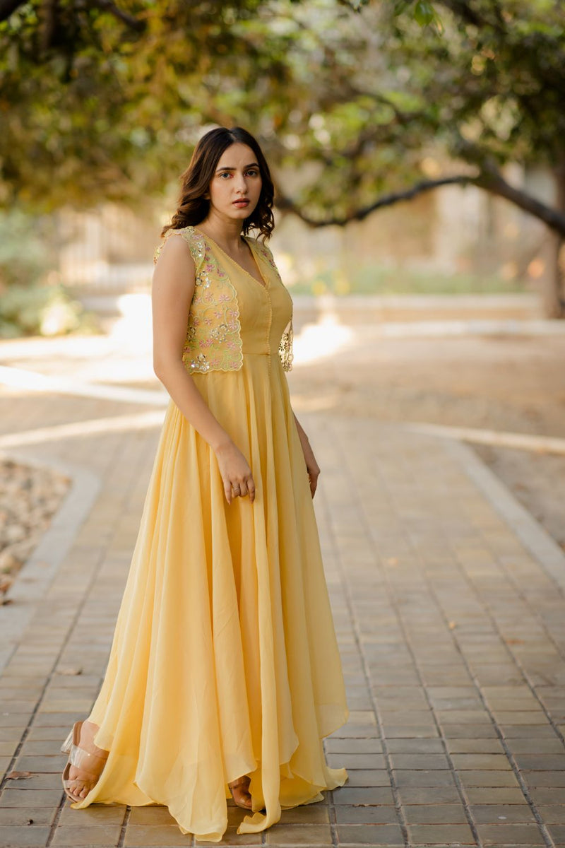 Yellow Ruffle Tiered Floral Cut-Out Chiffon Gown – Mac Duggal